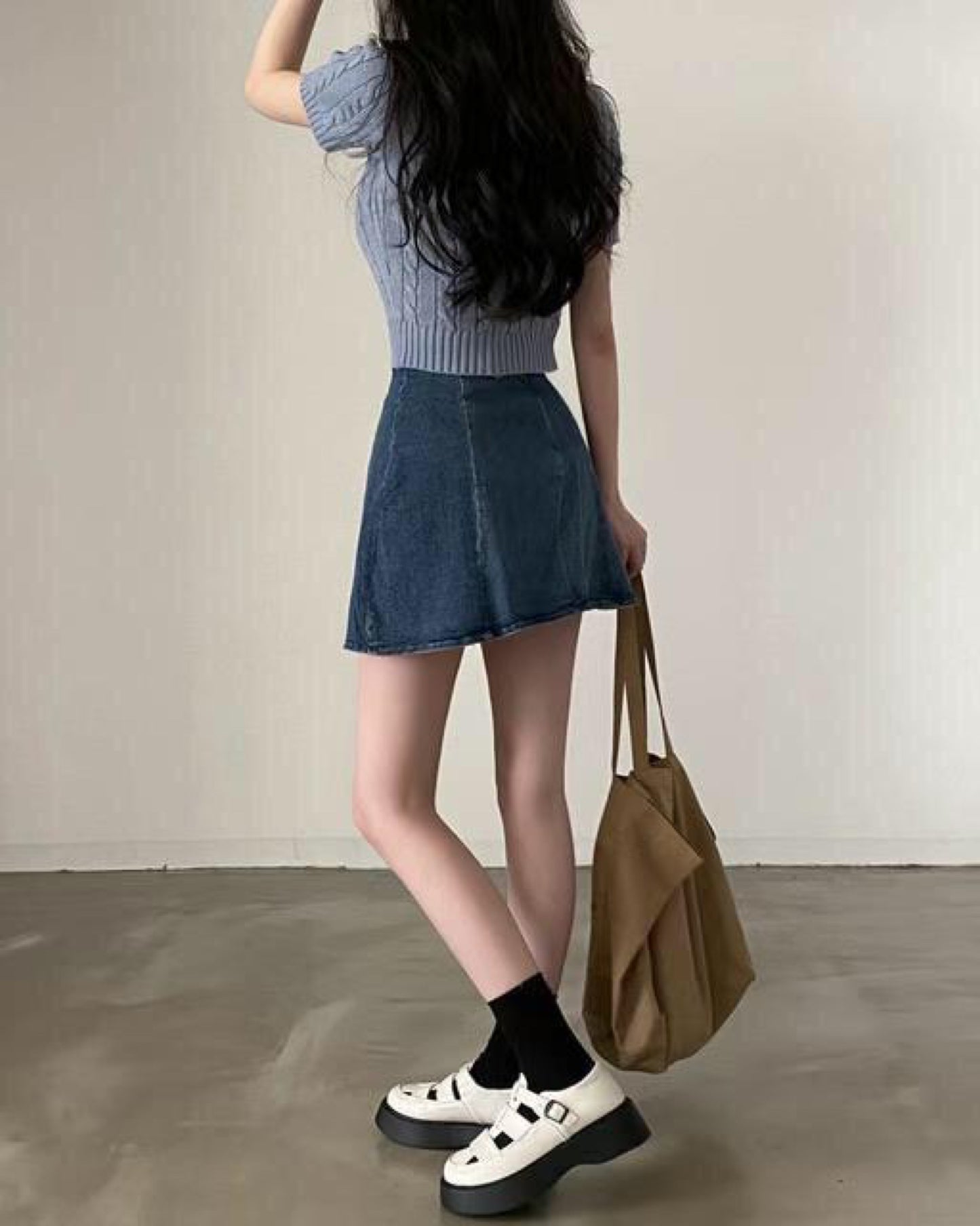 【後面有安全扣+拉鏈 | 𝟯 𝗦𝗶𝘇𝗲.ᐟ.ᐟ】彈性牛仔高腰傘裙