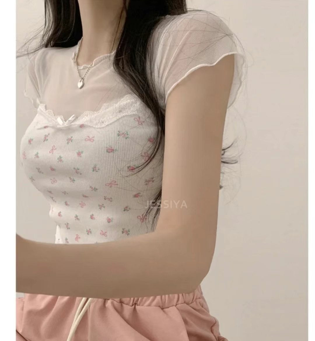 【⋆。‧˚ʚ🍓ɞ˚‧。⋆絕美網紗碎花𝗣𝗜𝗖𝗞🌹 早鳥 】𝗙𝗹𝗼𝘄𝗲𝗿 𝗟𝗮𝗰𝗲 𝗧𝗼𝗽