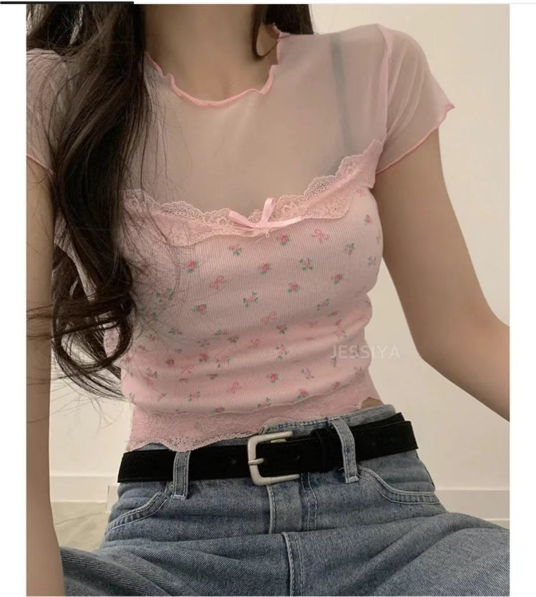 【⋆。‧˚ʚ🍓ɞ˚‧。⋆絕美網紗碎花𝗣𝗜𝗖𝗞🌹 早鳥 】𝗙𝗹𝗼𝘄𝗲𝗿 𝗟𝗮𝗰𝗲 𝗧𝗼𝗽