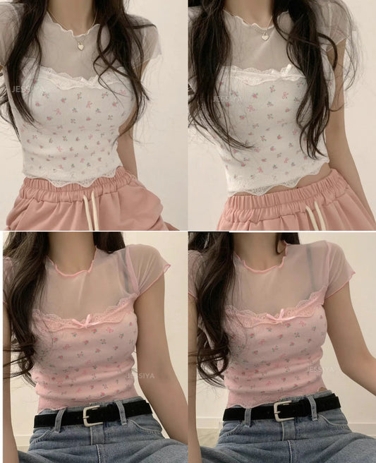 【⋆。‧˚ʚ🍓ɞ˚‧。⋆絕美網紗碎花𝗣𝗜𝗖𝗞🌹 早鳥 】𝗙𝗹𝗼𝘄𝗲𝗿 𝗟𝗮𝗰𝗲 𝗧𝗼𝗽