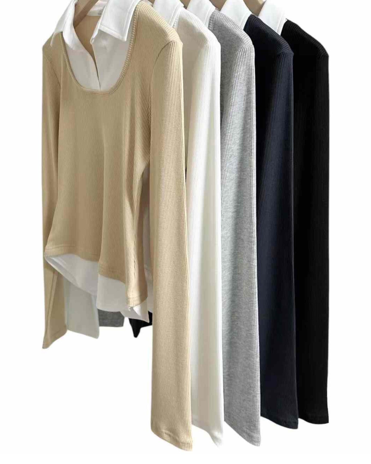 【拼色假兩件.ᐟ.ᐟ 】𝗨領彈性𝗟𝗼𝗻𝗴 𝗖𝗿𝗼𝗽