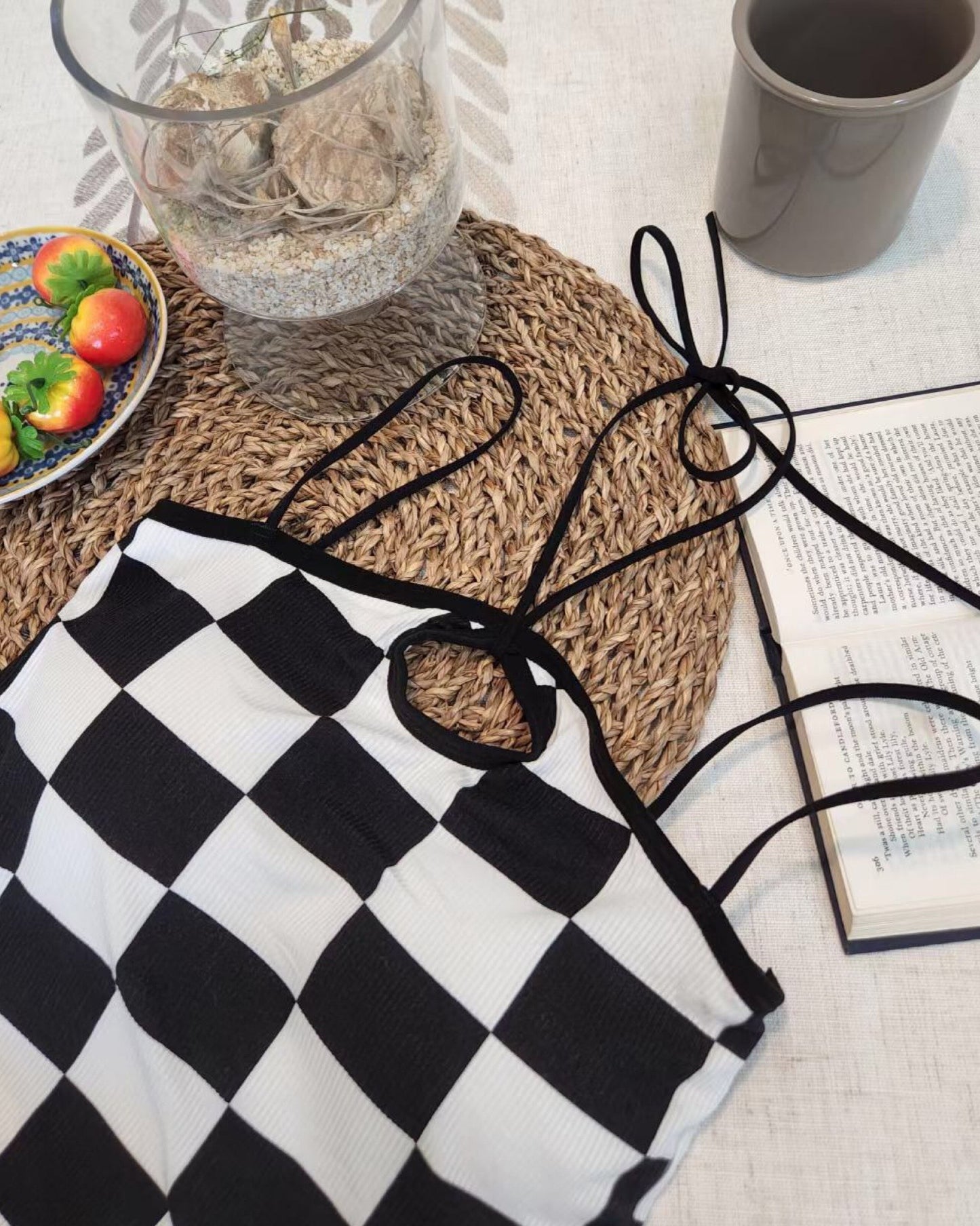 【早鳥價 | 掛頸綁帶.ᐟ.ᐟ】棋盤格吊帶背心 (連𝗣𝗮𝗱)