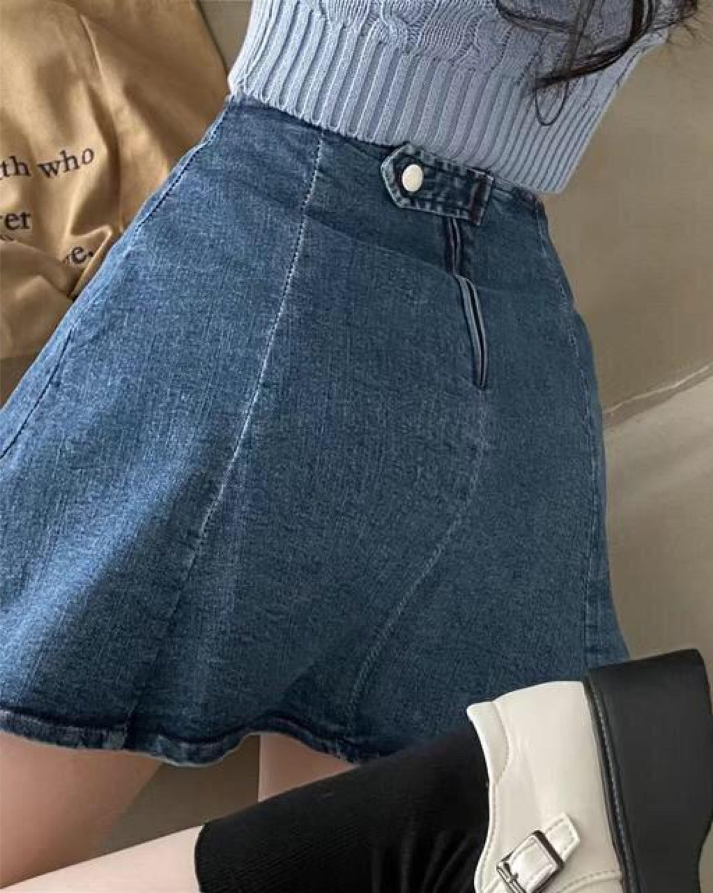 【後面有安全扣+拉鏈 | 𝟯 𝗦𝗶𝘇𝗲.ᐟ.ᐟ】彈性牛仔高腰傘裙
