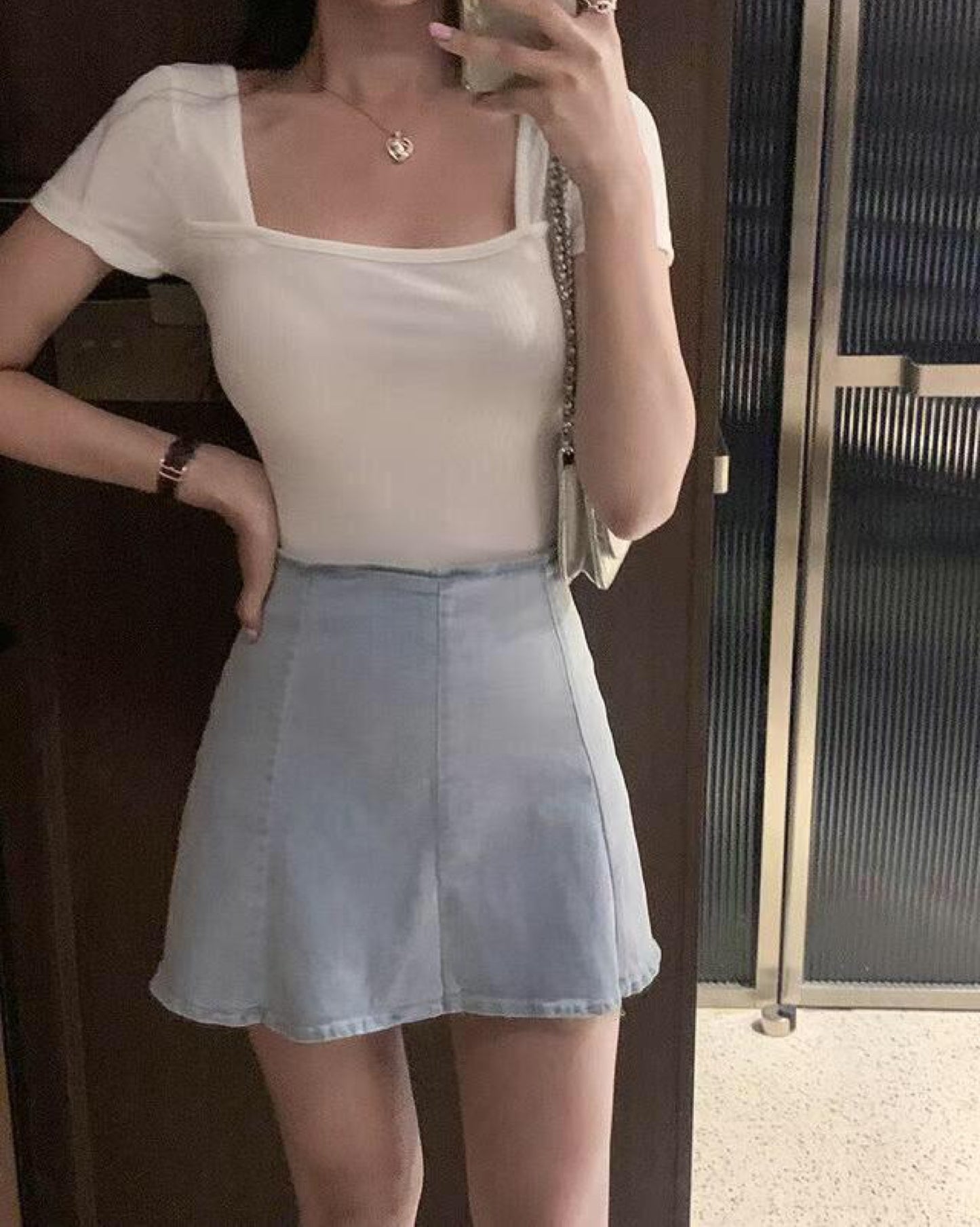 【後面有安全扣+拉鏈 | 𝟯 𝗦𝗶𝘇𝗲.ᐟ.ᐟ】彈性牛仔高腰傘裙