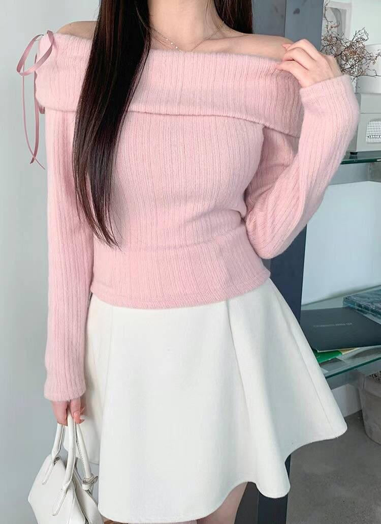 【 仙氣滿滿～蝴蝶結一字膊露肩🎀🎀】軟糯綁帶上衣