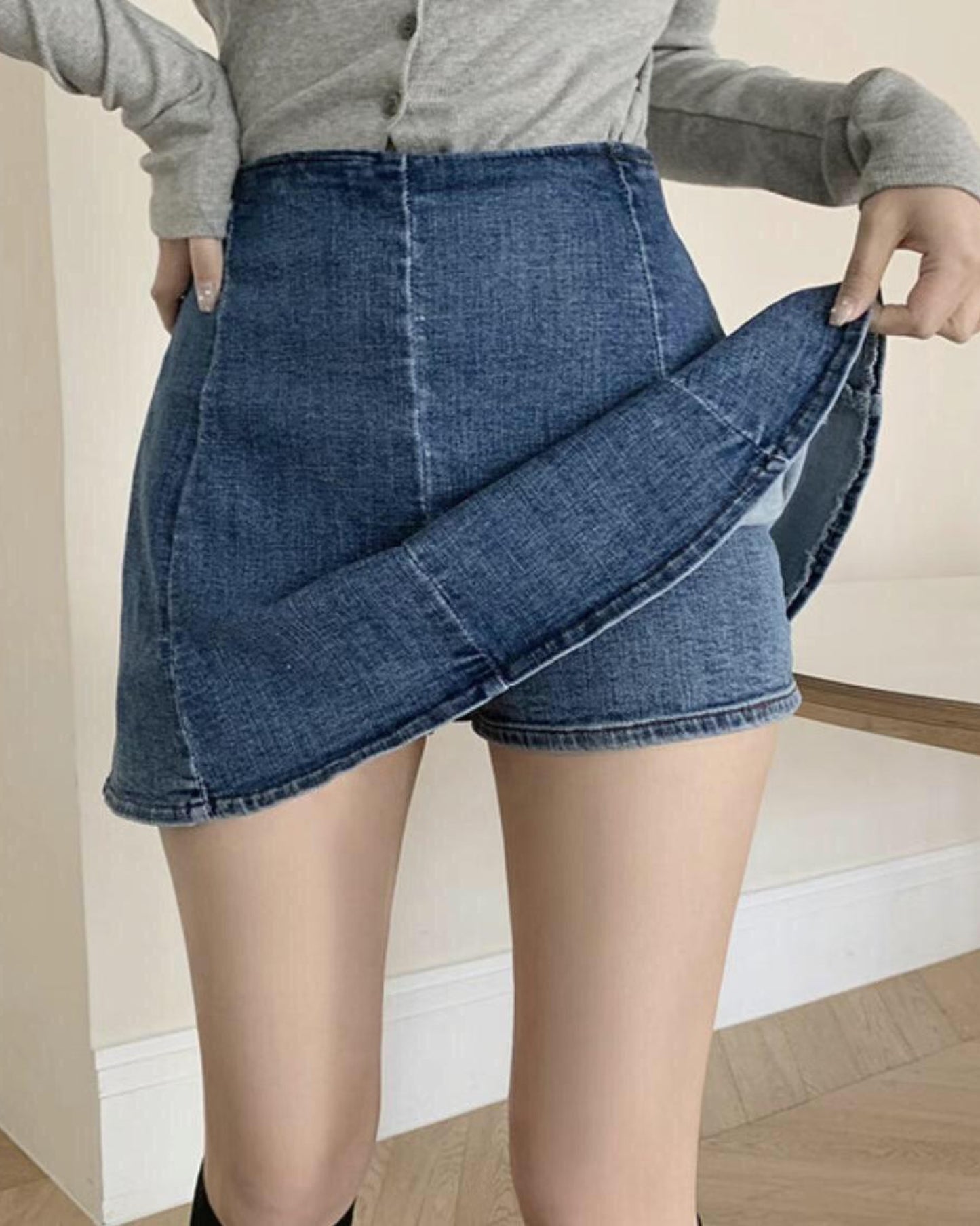 【後面有安全扣+拉鏈 | 𝟯 𝗦𝗶𝘇𝗲.ᐟ.ᐟ】彈性牛仔高腰傘裙