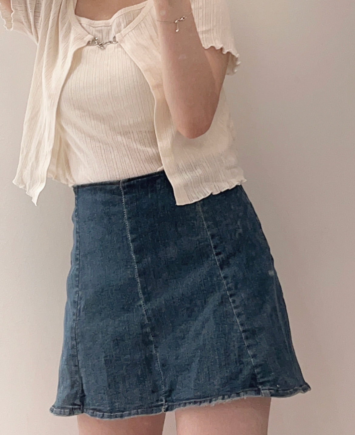 【後面有安全扣+拉鏈 | 𝟯 𝗦𝗶𝘇𝗲.ᐟ.ᐟ】彈性牛仔高腰傘裙