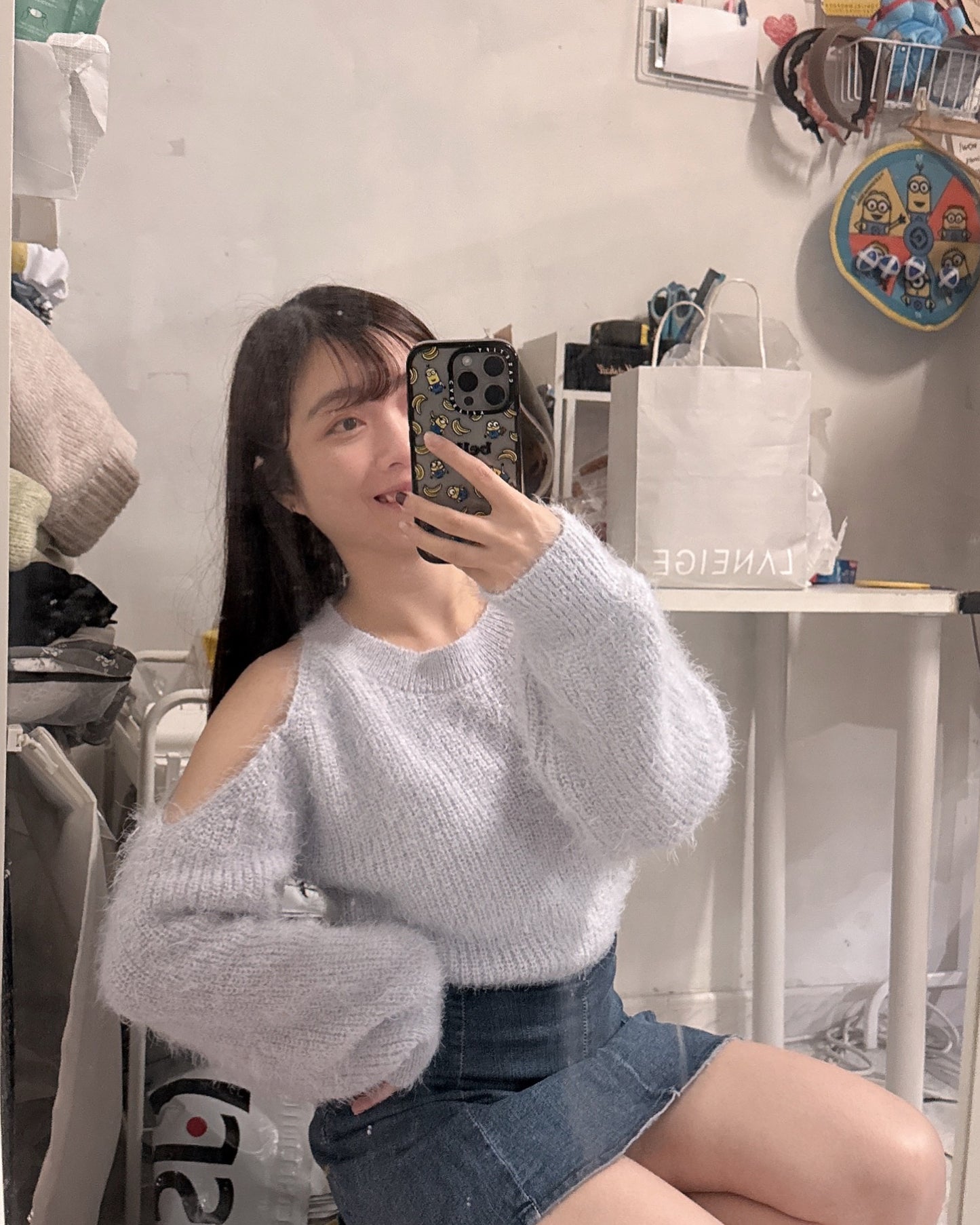 【美爆冰藍色～舒服厚毛毛+斜肩位.ᐟ.ᐟ】𝗙𝘂𝘇𝘇𝘆 𝗠𝗼𝗺𝗼 𝗧𝗼𝗽