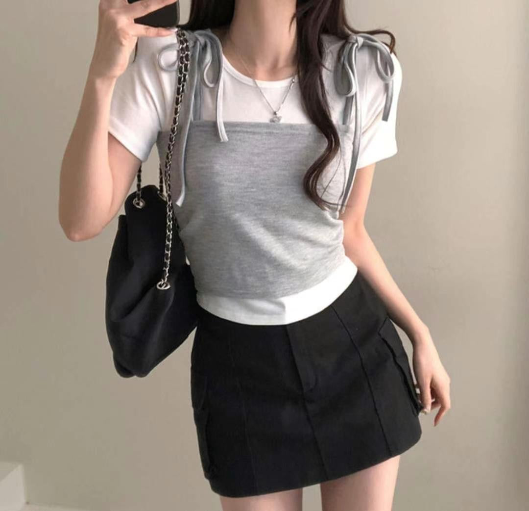 【 ⸝⸝⸝⸝❤︎早鳥~ 溫柔拼色𝗧𝗲𝗲】綁帶兩件裝𝗧𝗼𝗽