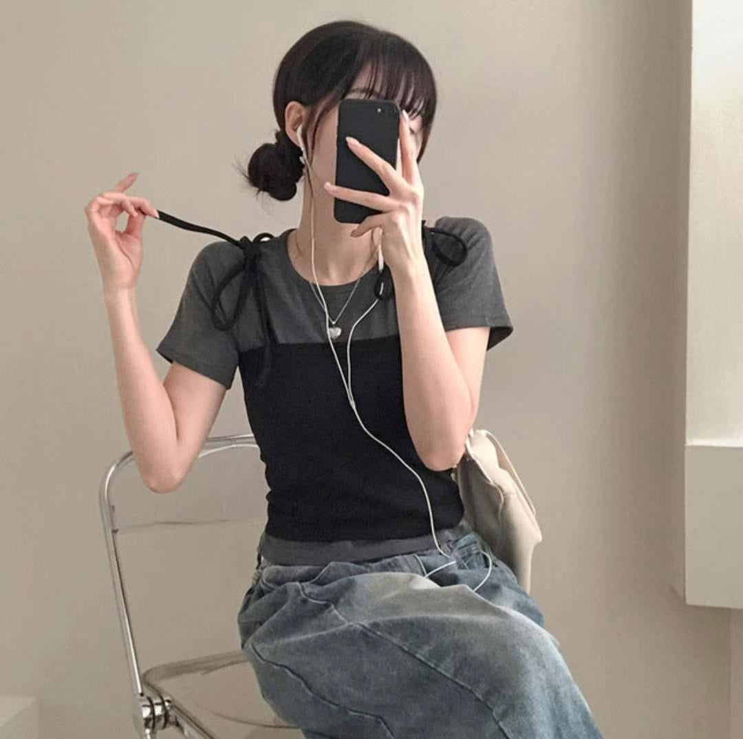 【 ⸝⸝⸝⸝❤︎早鳥~ 溫柔拼色𝗧𝗲𝗲】綁帶兩件裝𝗧𝗼𝗽