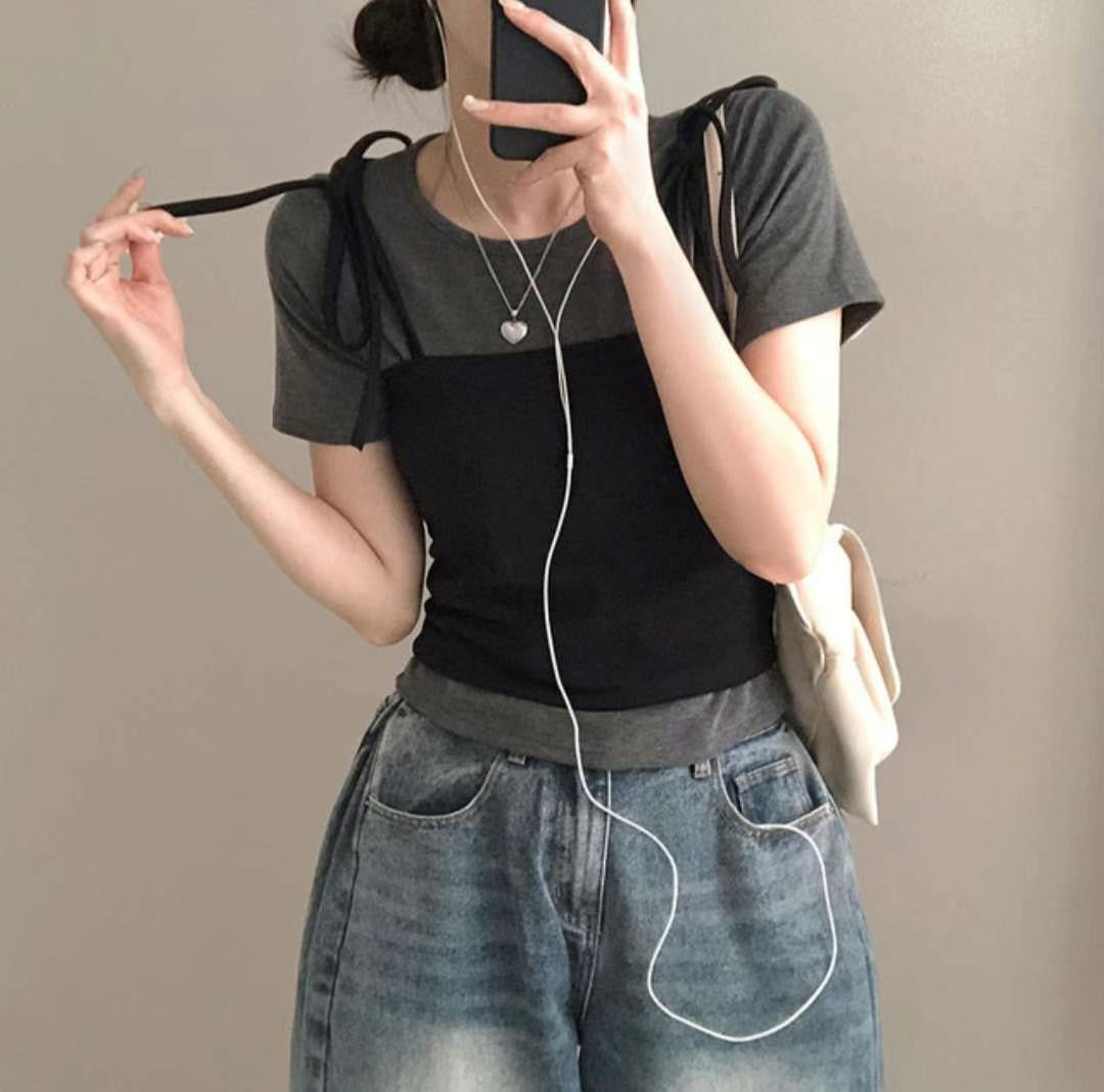 【 ⸝⸝⸝⸝❤︎早鳥~ 溫柔拼色𝗧𝗲𝗲】綁帶兩件裝𝗧𝗼𝗽