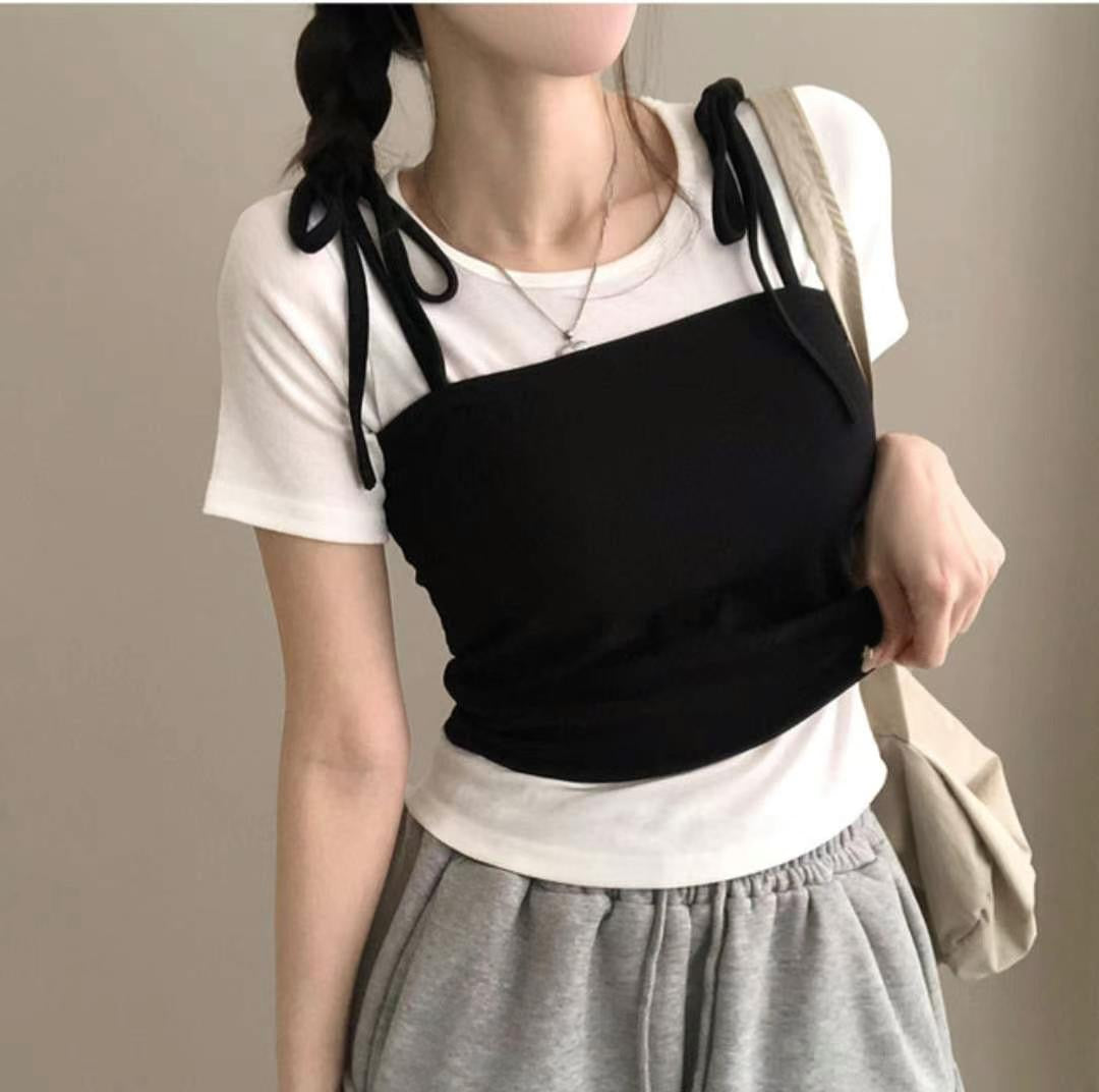 【 ⸝⸝⸝⸝❤︎早鳥~ 溫柔拼色𝗧𝗲𝗲】綁帶兩件裝𝗧𝗼𝗽