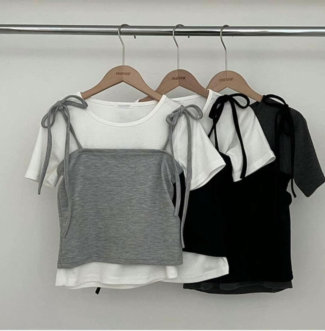 【 ⸝⸝⸝⸝❤︎早鳥~ 溫柔拼色𝗧𝗲𝗲】綁帶兩件裝𝗧𝗼𝗽