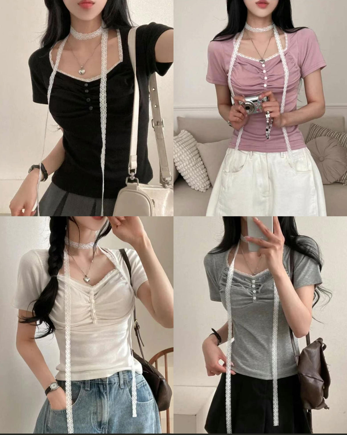 【♩短袖𝗩𝗘𝗥 滿滿精緻層次感！心形領皺褶感🤎】𝗛𝗲𝗮𝗿𝘁 𝗦𝗵𝗮𝗽𝗲 𝗧𝗼𝗽 𝗦𝗘𝗧 (連頸巾!）