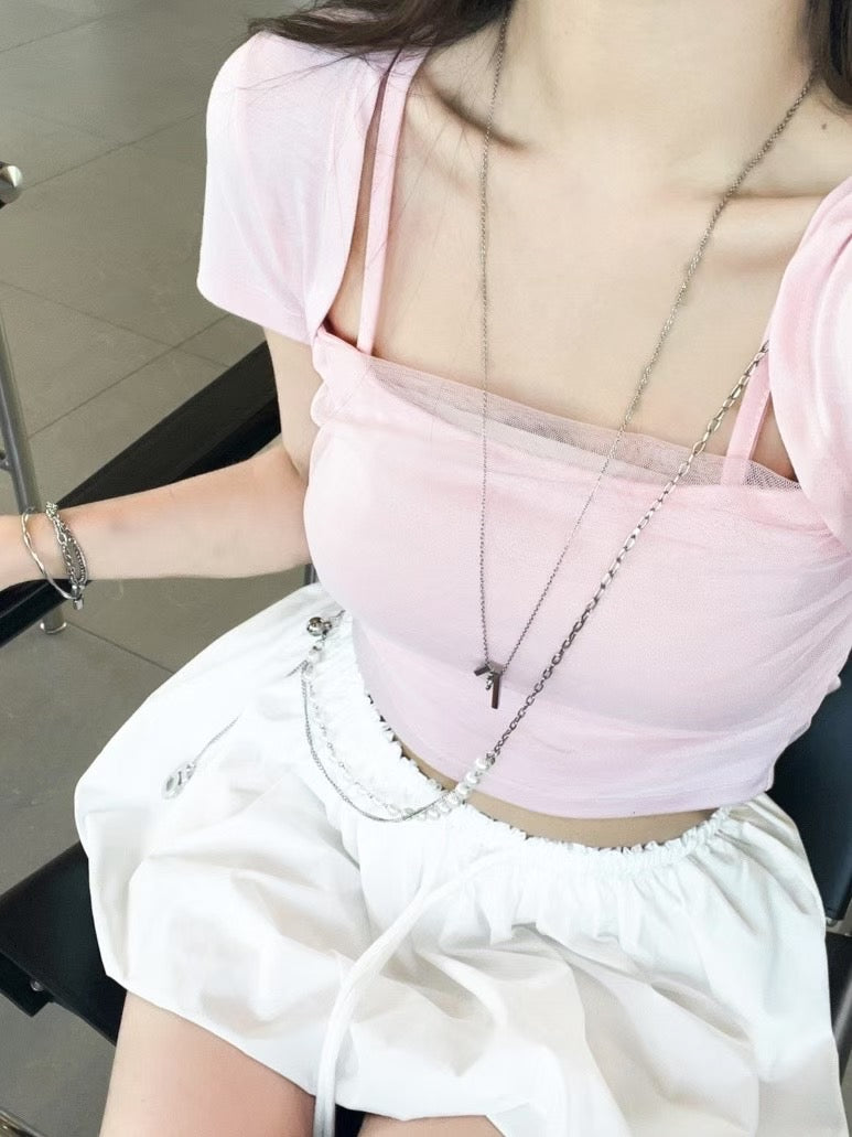 【 ♡( ⸝⸝´꒳`⸝⸝)高級感 拼紗方領𝗧𝗼𝗽🌿˚早鳥~】𝗦𝗾𝘂𝗮𝗿𝗲 𝗖𝗵𝗶𝗳𝗳𝗼𝗻 𝗧𝗼𝗽