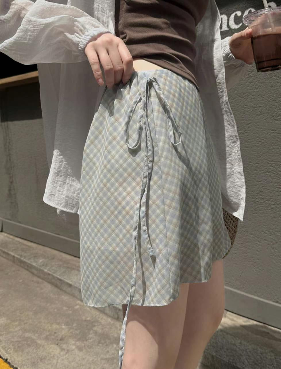 【 ‧₊˚ 側綁帶 擁有橡筋腰 ୨ৎ特別兩層裙დ 超推湖水藍】 𝗗𝗶𝗮𝗺𝗼𝗻𝗱 𝗦𝗵𝗮𝗽𝗲𝗱 𝗦𝗸𝗶𝗿𝘁