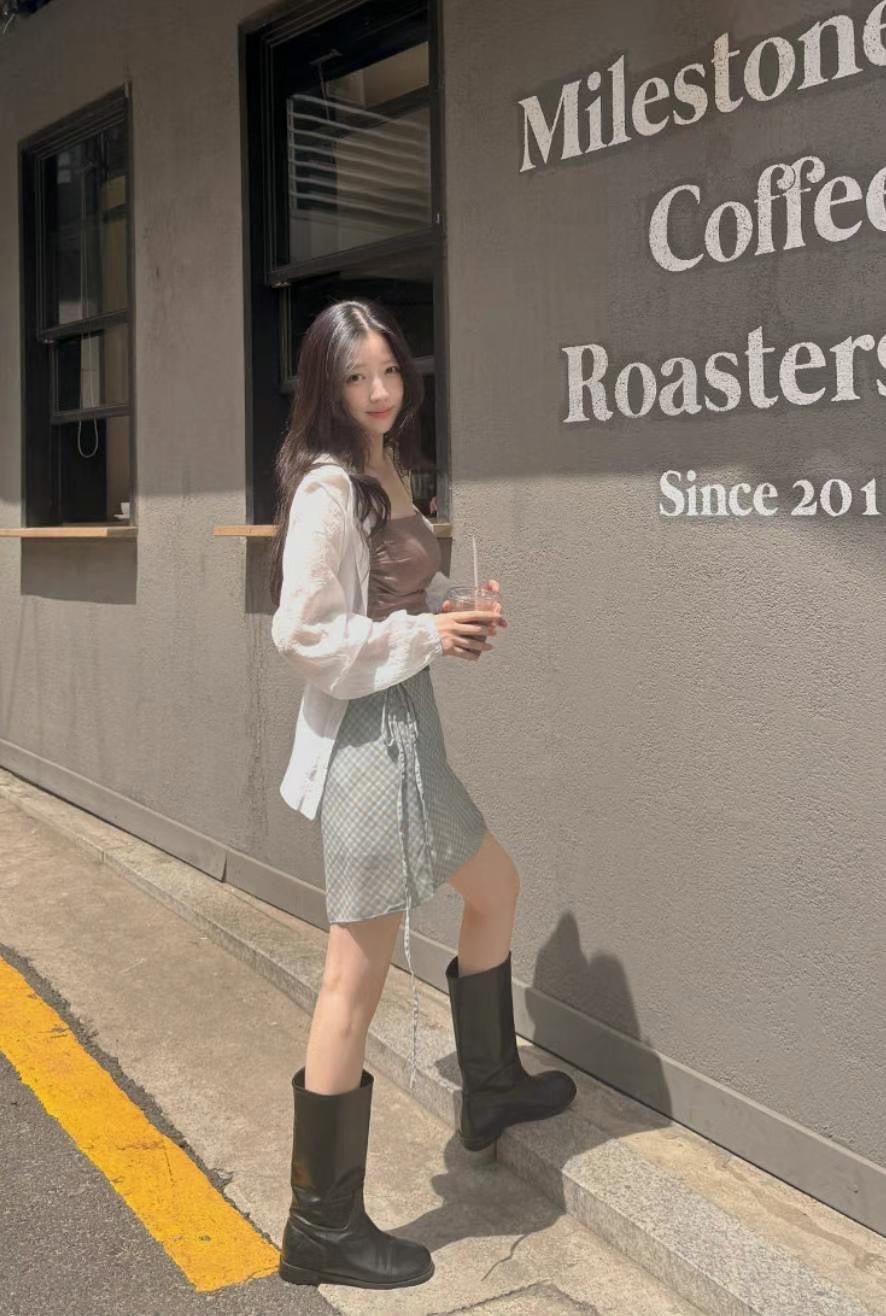 【 ‧₊˚ 側綁帶 擁有橡筋腰 ୨ৎ特別兩層裙დ 超推湖水藍】 𝗗𝗶𝗮𝗺𝗼𝗻𝗱 𝗦𝗵𝗮𝗽𝗲𝗱 𝗦𝗸𝗶𝗿𝘁