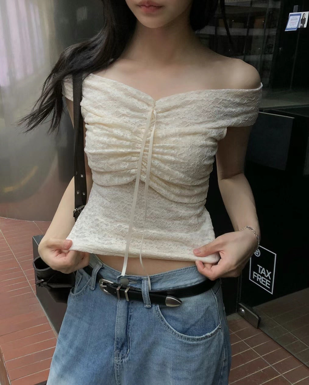 【早鳥！✩₊˚.⋆☾⋆⁺₊✧韓妹人人一件 超美做工蕾絲𝐁𝐋𝐎𝐔𝐒𝐄🧡】𝗧𝘄𝗼 𝗪𝗮𝘆 𝗕𝗮𝗻𝗴 𝗕𝗹𝗼𝘂𝘀𝗲 𝗧𝗼𝗽