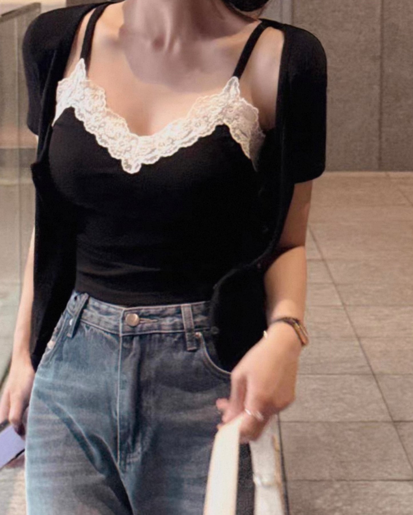 【🌹𓂃𓈒𓏸 假兩件裝～蕾絲背心 超強不透🤎】𝗗𝗮𝗻𝗰𝗲 𝗧𝗶𝗹 𝗖𝗮𝗿𝗱𝗶𝗴𝗮𝗻 𝗦𝗲𝘁 (𝗦𝗵𝗼𝗿𝘁 𝗩𝗲𝗿.）