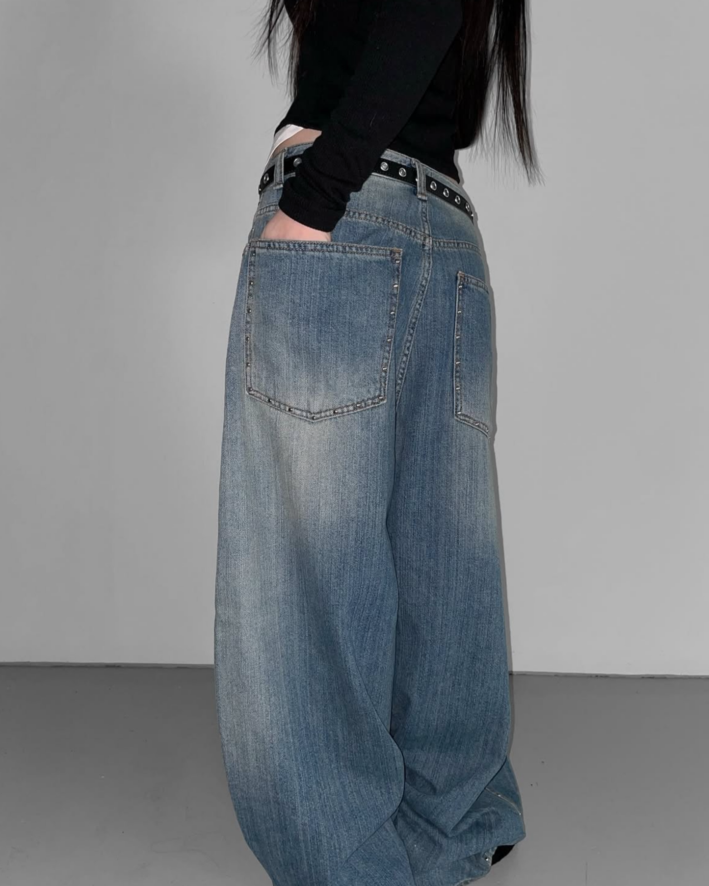 【 柳釘𝐕𝐞𝐫𝐬𝐢𝐨𝐧𖤣𖥧𖡼.𖤣𖥧寬鬆牛仔氣球神褲🎈๑齊③個𝗦𝗶𝘇𝗲๑ 早鳥 】  氣球柳釘彎刀褲