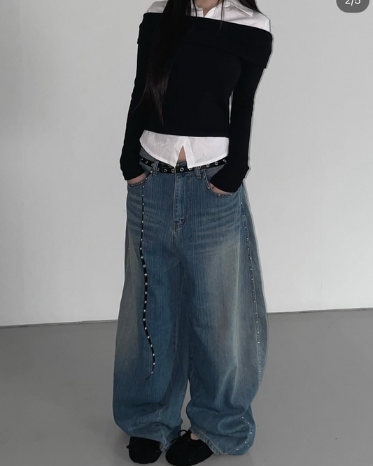 【 柳釘𝐕𝐞𝐫𝐬𝐢𝐨𝐧𖤣𖥧𖡼.𖤣𖥧寬鬆牛仔氣球神褲🎈๑齊③個𝗦𝗶𝘇𝗲๑ 早鳥 】  氣球柳釘彎刀褲