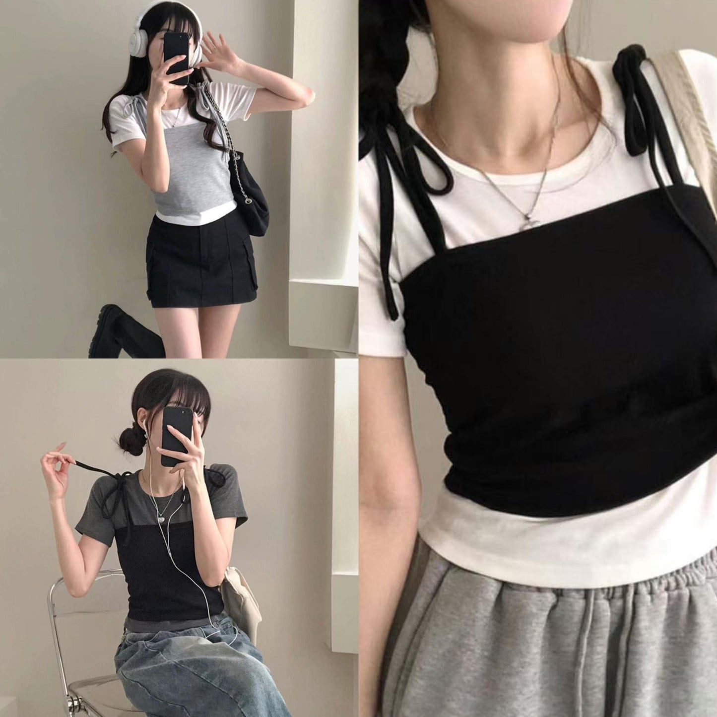 【 ⸝⸝⸝⸝❤︎早鳥~ 溫柔拼色𝗧𝗲𝗲】綁帶兩件裝𝗧𝗼𝗽