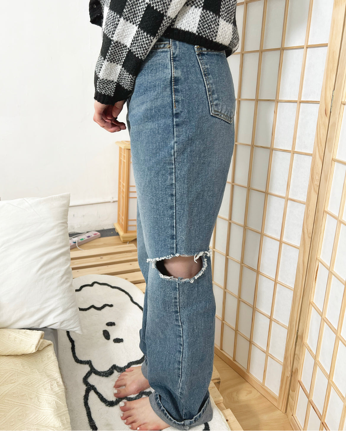 【必入推介.ᐟ.ᐟ】破洞牛仔高腰闊褲