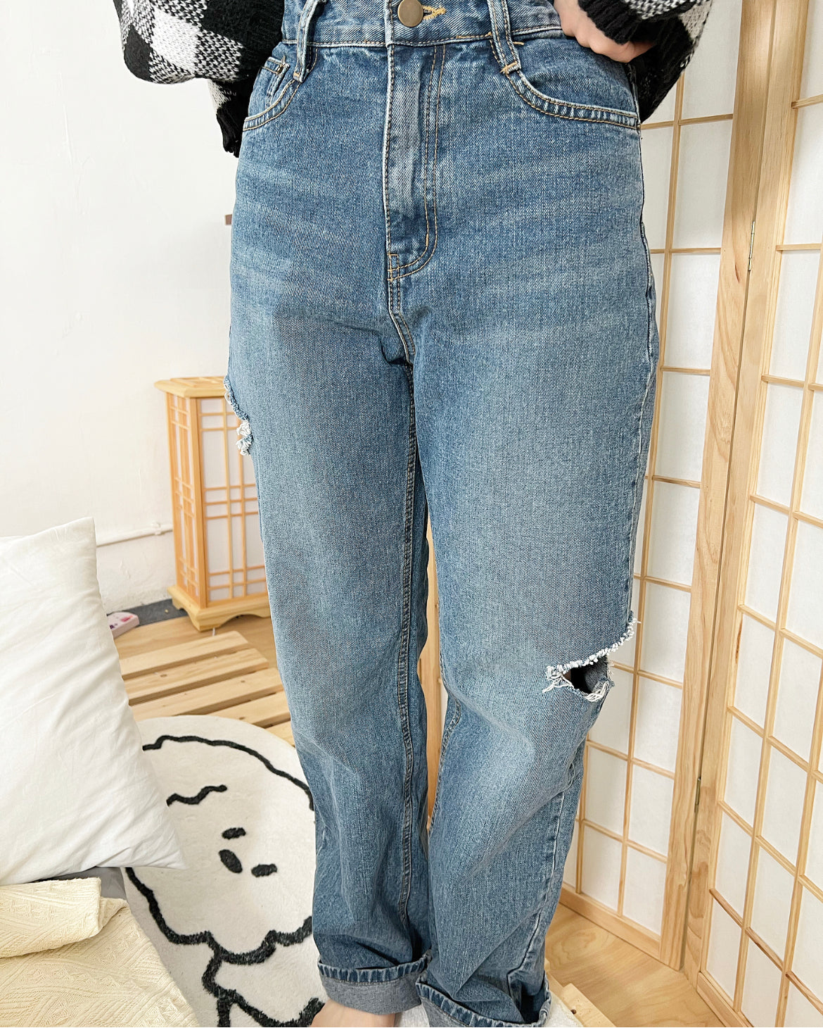 【必入推介.ᐟ.ᐟ】破洞牛仔高腰闊褲