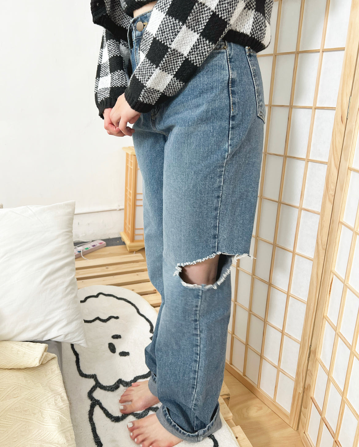 【必入推介.ᐟ.ᐟ】破洞牛仔高腰闊褲