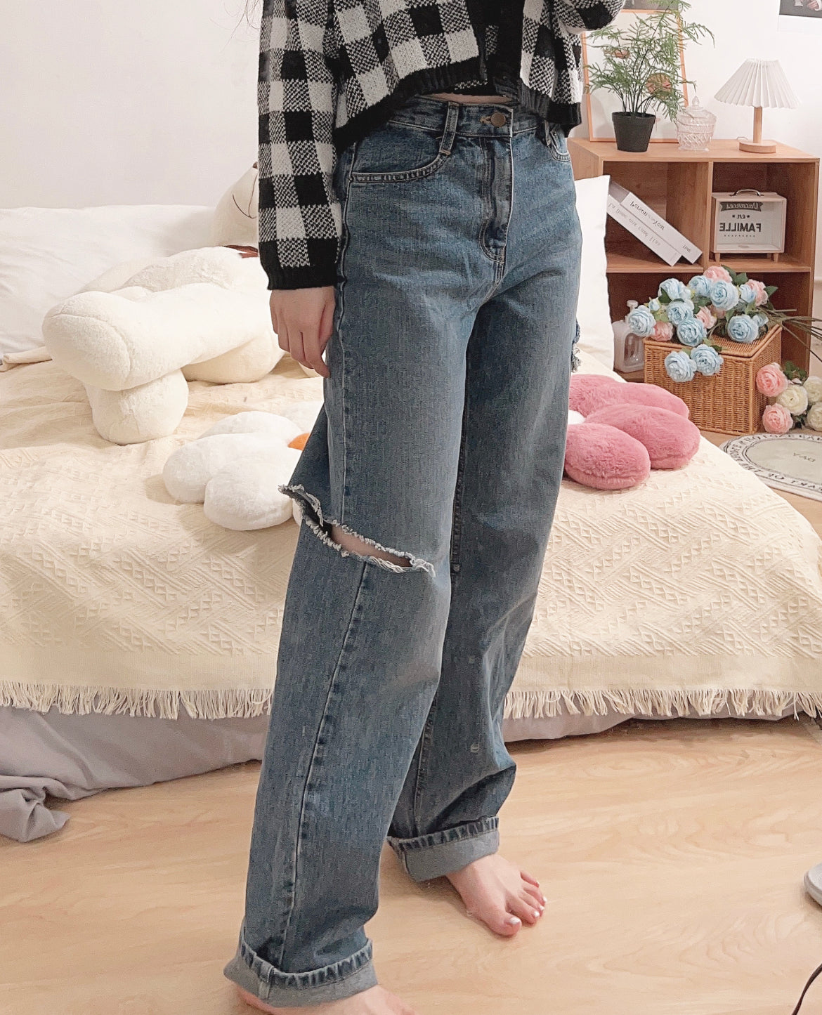 【必入推介.ᐟ.ᐟ】破洞牛仔高腰闊褲