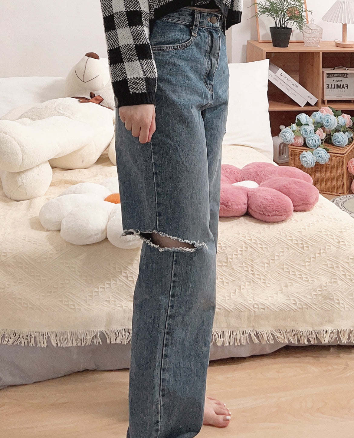 【必入推介.ᐟ.ᐟ】破洞牛仔高腰闊褲