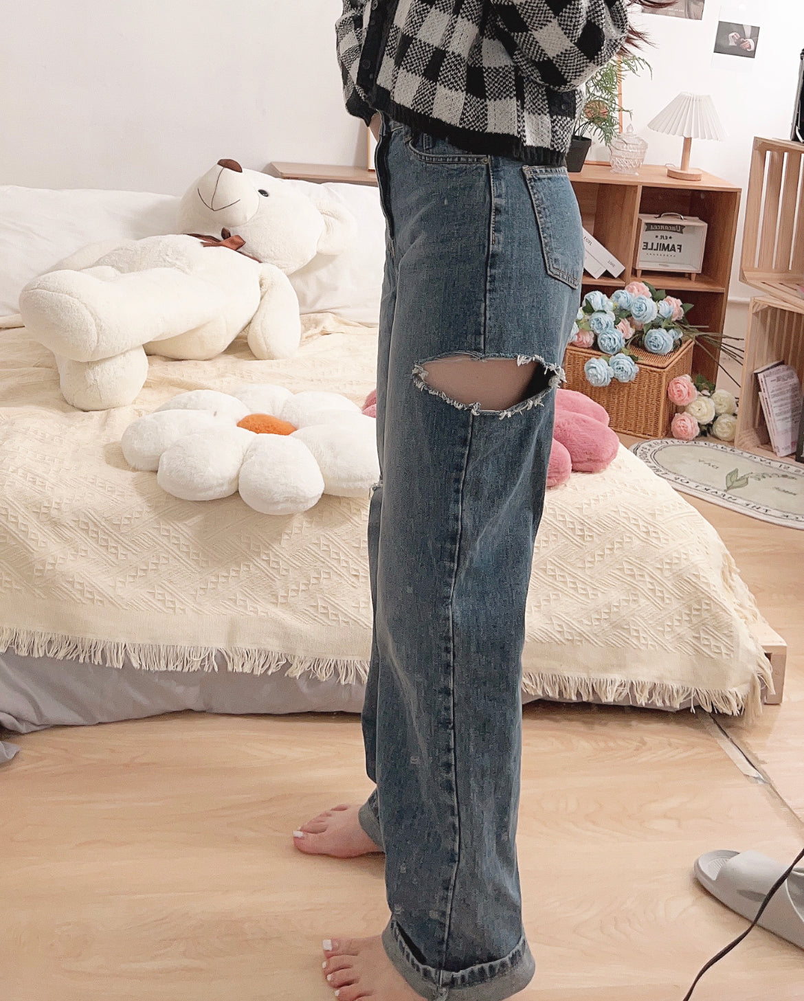 【必入推介.ᐟ.ᐟ】破洞牛仔高腰闊褲