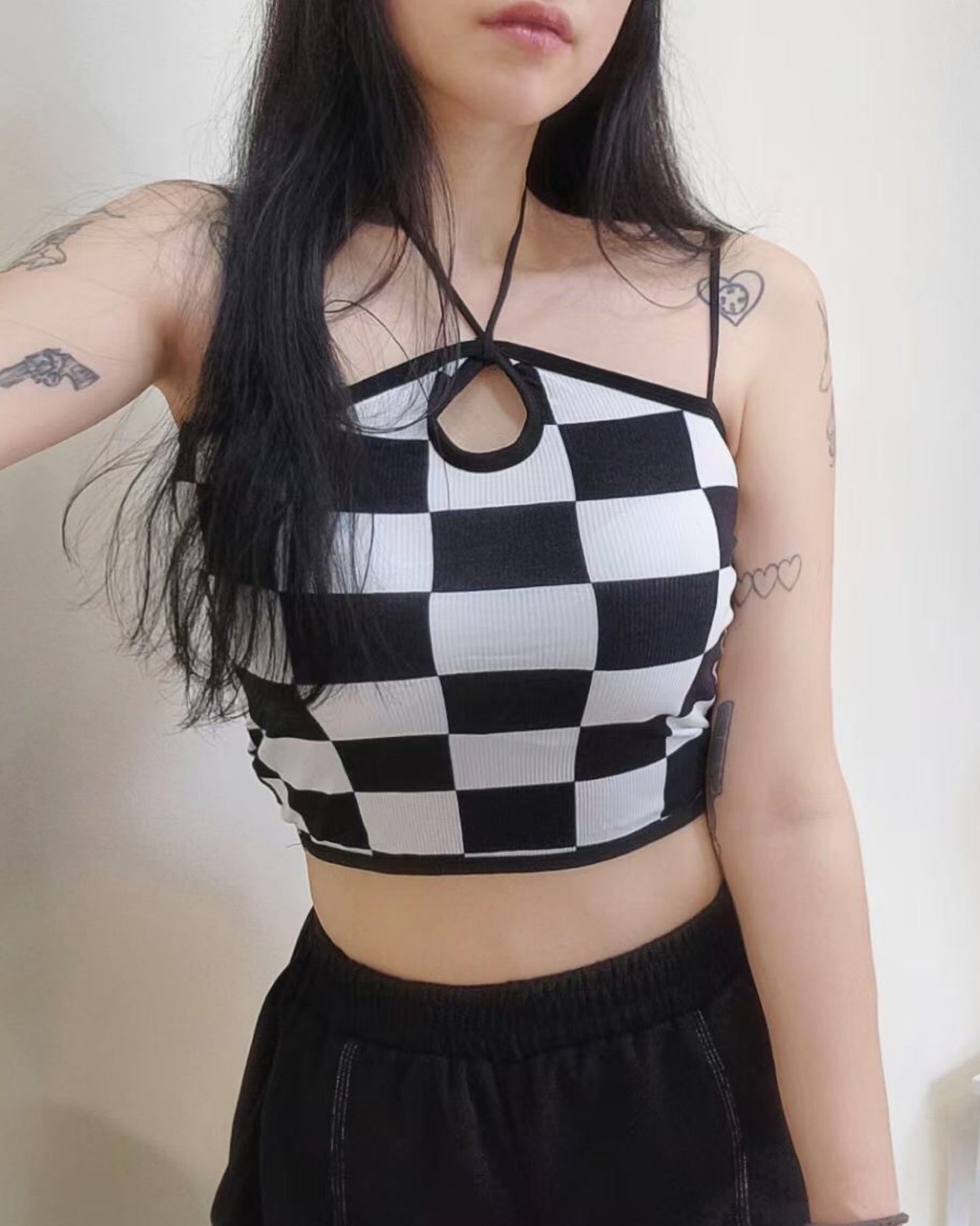 【早鳥價 | 掛頸綁帶.ᐟ.ᐟ】棋盤格吊帶背心 (連𝗣𝗮𝗱)
