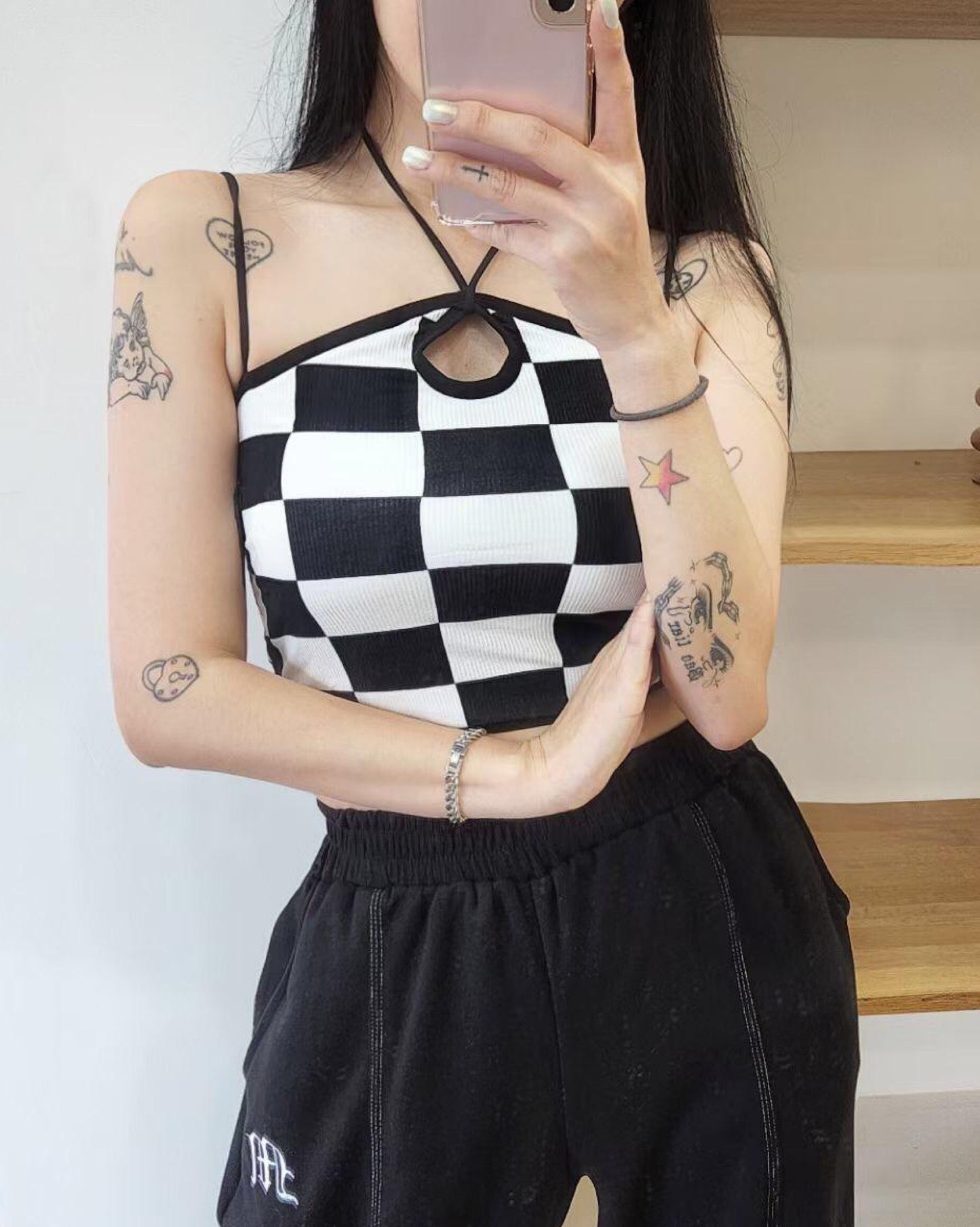 【早鳥價 | 掛頸綁帶.ᐟ.ᐟ】棋盤格吊帶背心 (連𝗣𝗮𝗱)