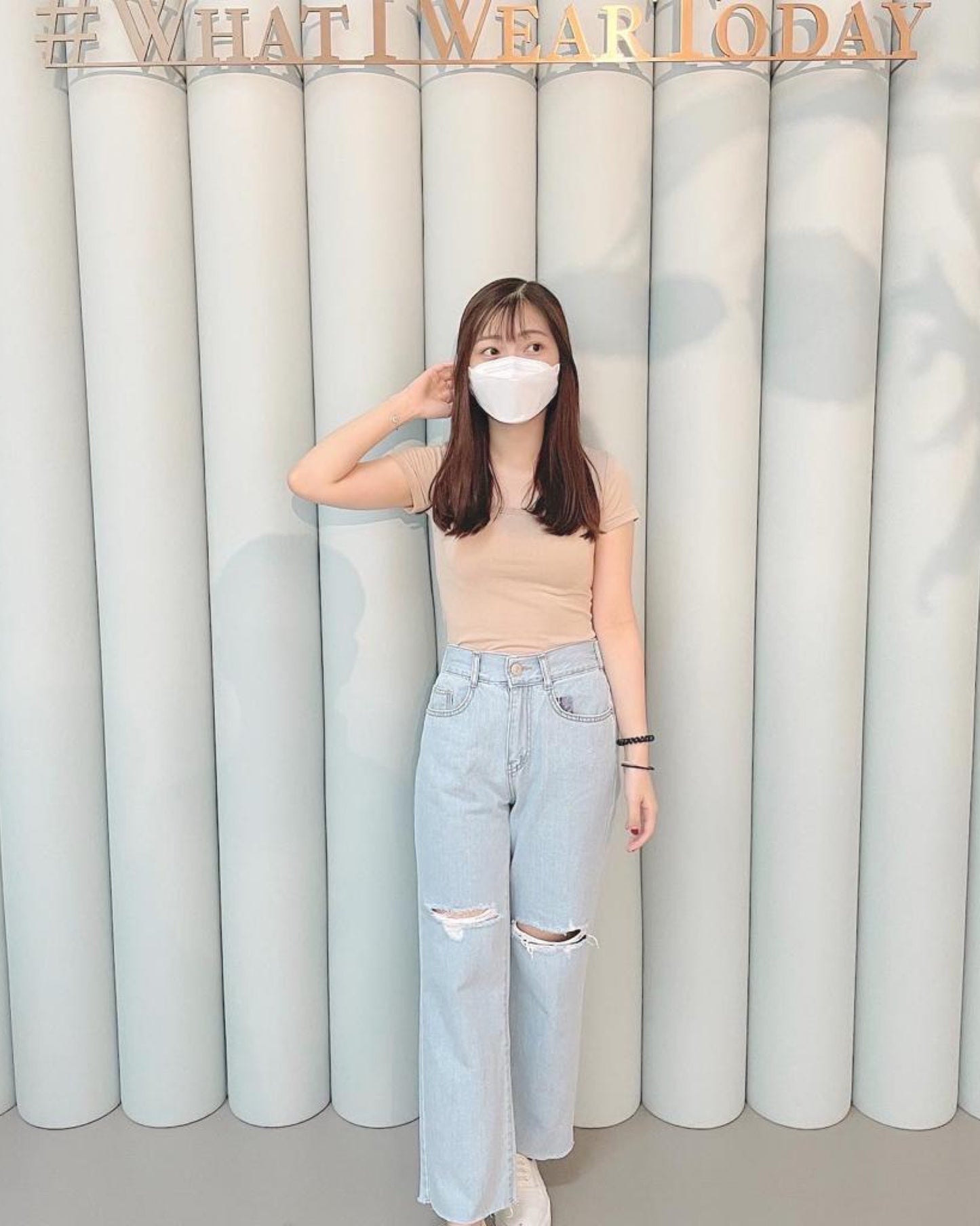 破洞高腰牛仔闊腳褲♥