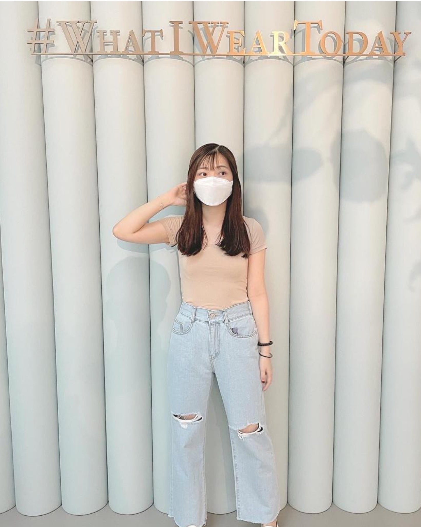 破洞高腰牛仔闊腳褲♥