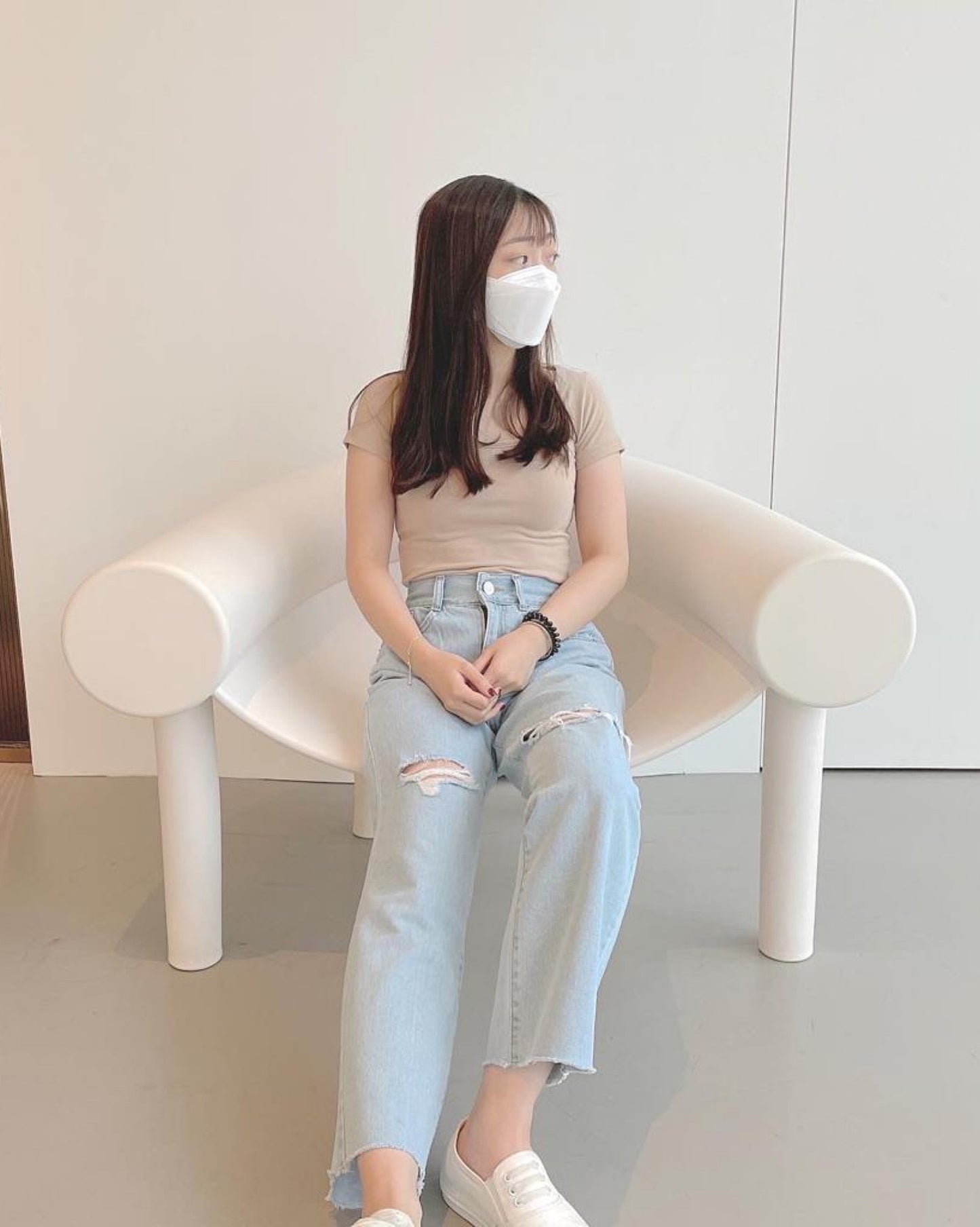 破洞高腰牛仔闊腳褲♥