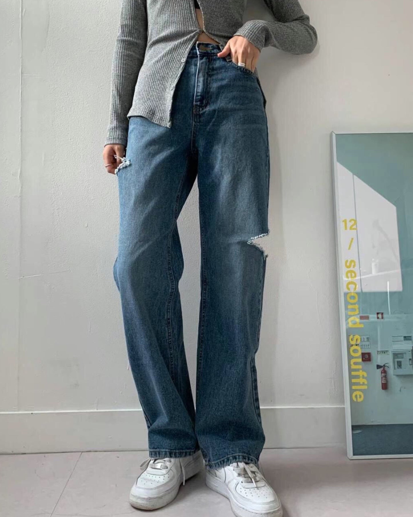 【必入推介.ᐟ.ᐟ】破洞牛仔高腰闊褲