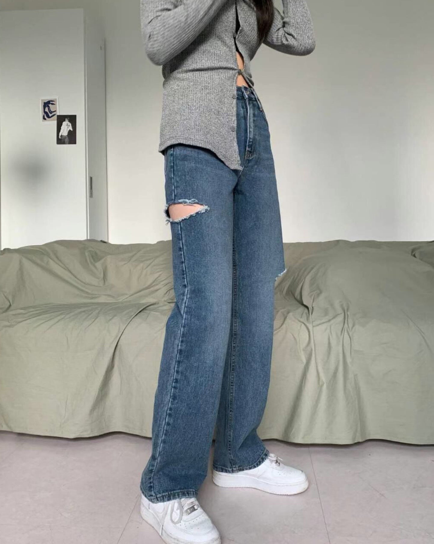 【必入推介.ᐟ.ᐟ】破洞牛仔高腰闊褲